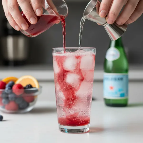 Hands gently adding fruit juice and a neutral spirit to a glass of freshly carbonated hard seltzer over ice.