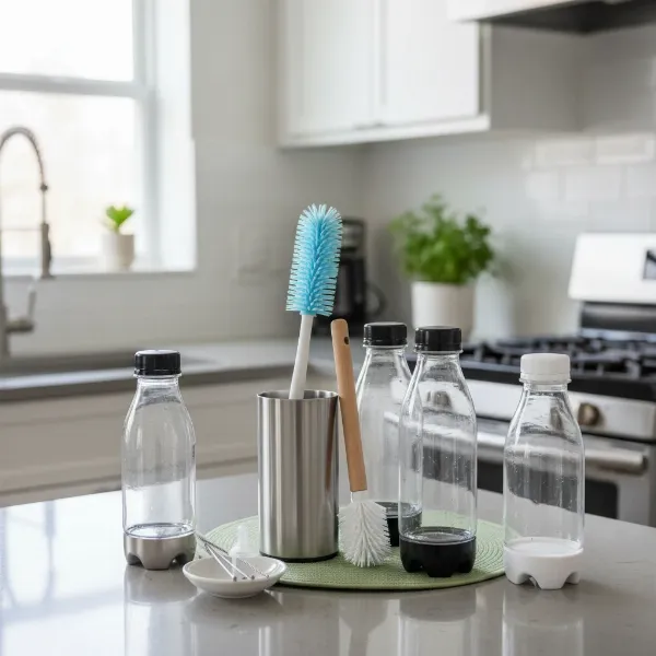 A selection of bottle brushes (silicone, bristle) and soda maker bottles on a clean surface