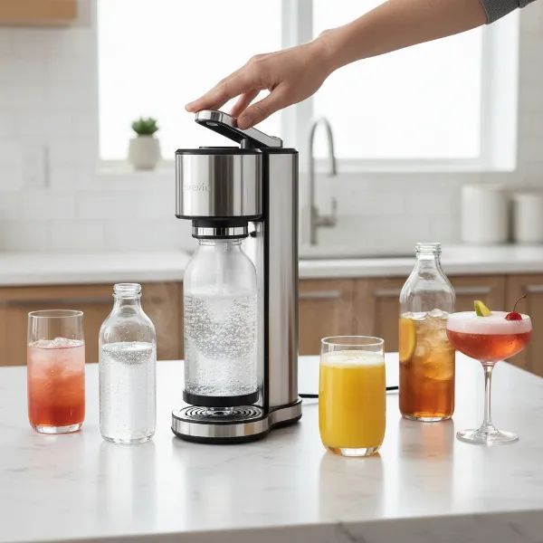 Breville InFizz Fusion carbonating various cold liquids like juice, water, tea on a kitchen counter.