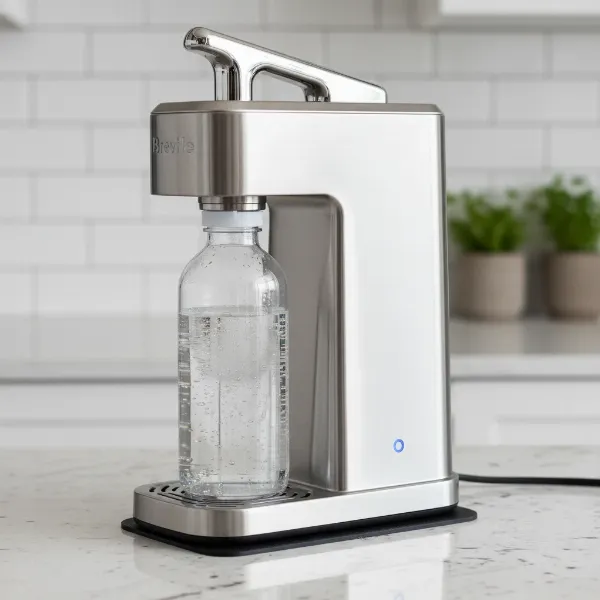 Close-up of Breville InFizz Fusion showcasing its premium stainless steel design and die-cast lever.