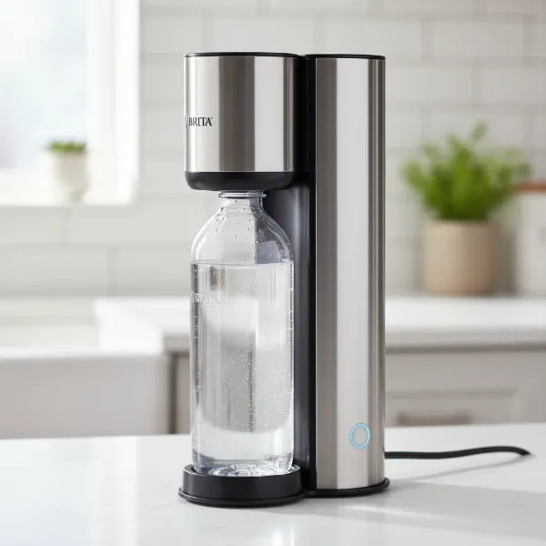 Brita SodaOne sparkling water maker on a kitchen counter with a full water bottle attached.