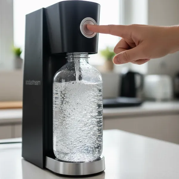 A hand pressing the button on a SodaStream Gaia to carbonate water in a bottle, showing fizz.