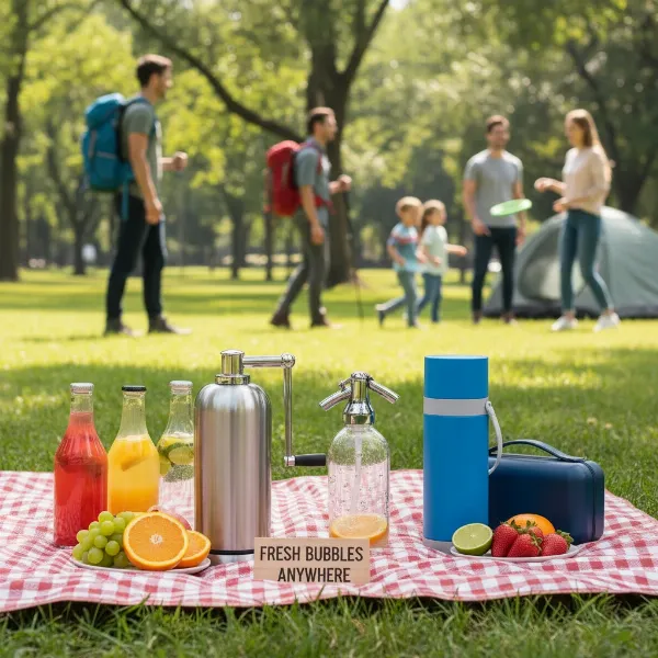 Various types of portable soda makers displayed for outdoor use on a picnic blanket.