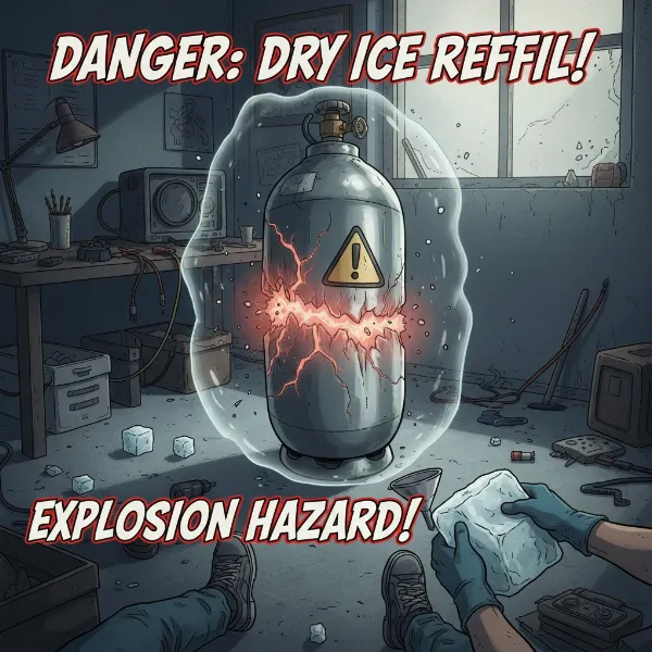 Illustration showing a CO2 tank potentially over-pressurized due to dry ice sublimation, emphasizing danger.