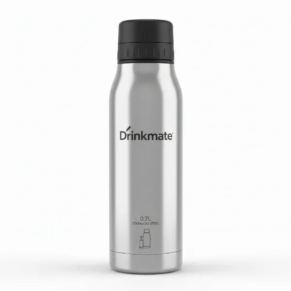 Drinkmate's 0.7L stainless steel carbonation bottle, highlighting its double-walled insulation and compatibility.