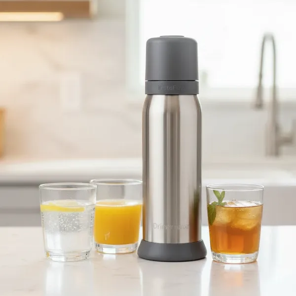 Drinkmate instaFizz portable stainless steel soda maker carbonating various cold beverages on the go