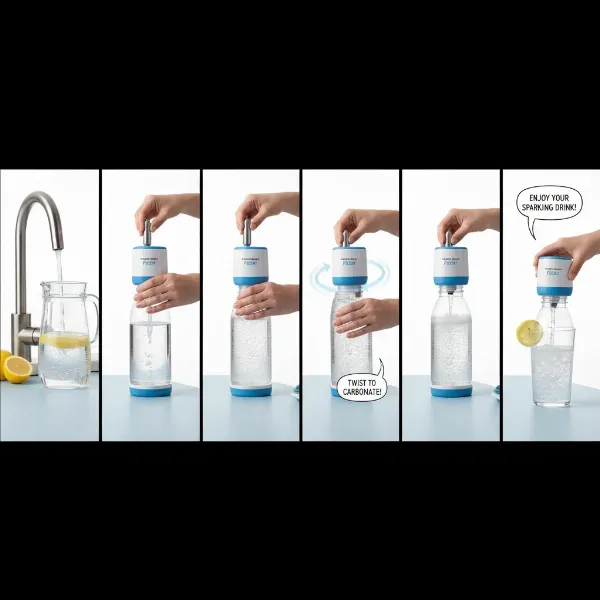 Handheld Hamilton Beach Fizzini in use, carbonating water step-by-step.