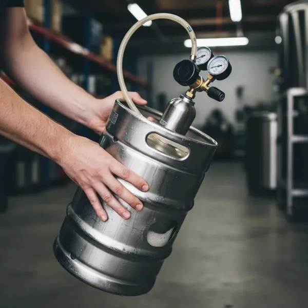 A close-up shot of a person shaking a corny keg connected to a CO2 tank during the force carbonation process.