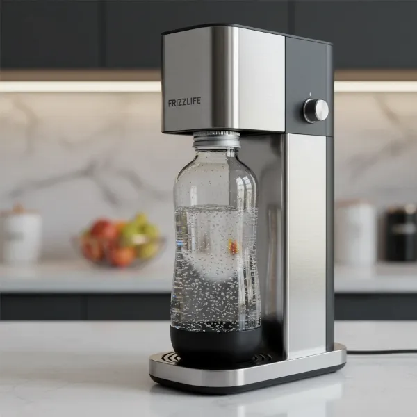 Close-up of a Frizzlife soda maker, showcasing its brushed stainless steel and durable glass bottle.
