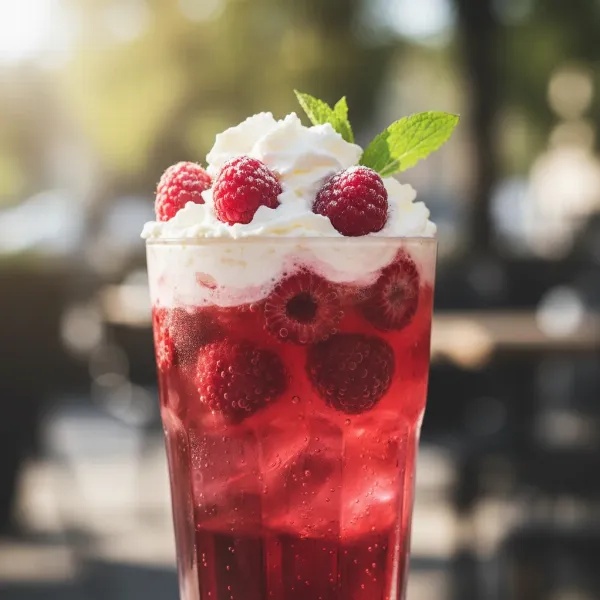 A close-up shot of a beautifully garnished Italian cream soda in a tall glass, topped with whipped cream, fresh raspberries, and a sprig of mint, showcasing vibrant colors and luxurious texture, with soft, natural lighting.