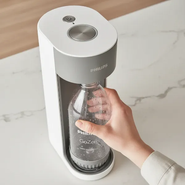Philips GoZero soda maker bottle being screwed in, showing the carbonation process and emphasizing hand-wash only.