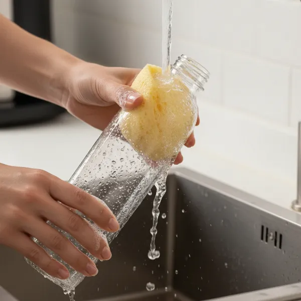 Hand washing a BPA-free PET bottle for a Happybuy soda maker, illustrating maintenance