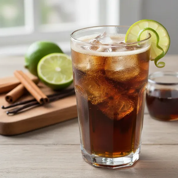 A refreshing glass of homemade, healthy cola alternative with natural ingredients and ice, next to fresh fruit.