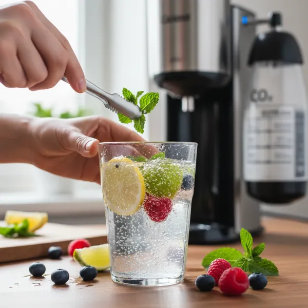 A person customizing sparkling water with fresh fruit and natural flavors for a healthy drink