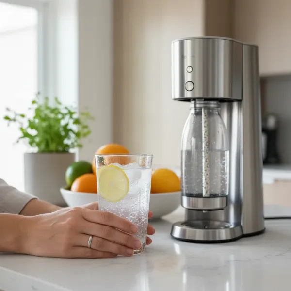 A person enjoying a glass of sparkling water made with a home soda maker, highlighting health, convenience, and sustainability.