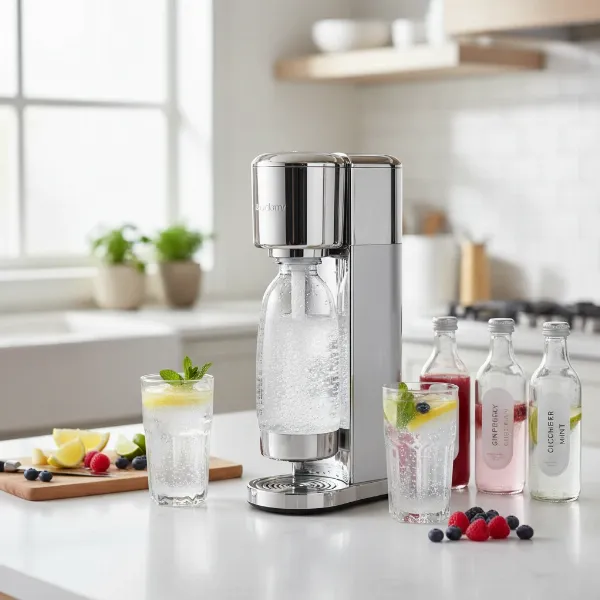 Modern soda maker on kitchen counter, creating sparkling water with fresh fruits and flavors.
