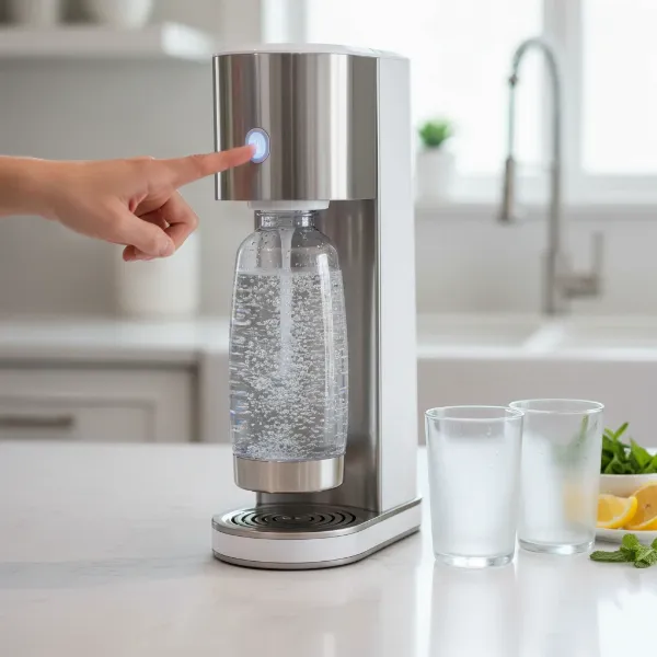 A modern home soda maker actively carbonating water, highlighting the convenience of DIY sparkling beverages.