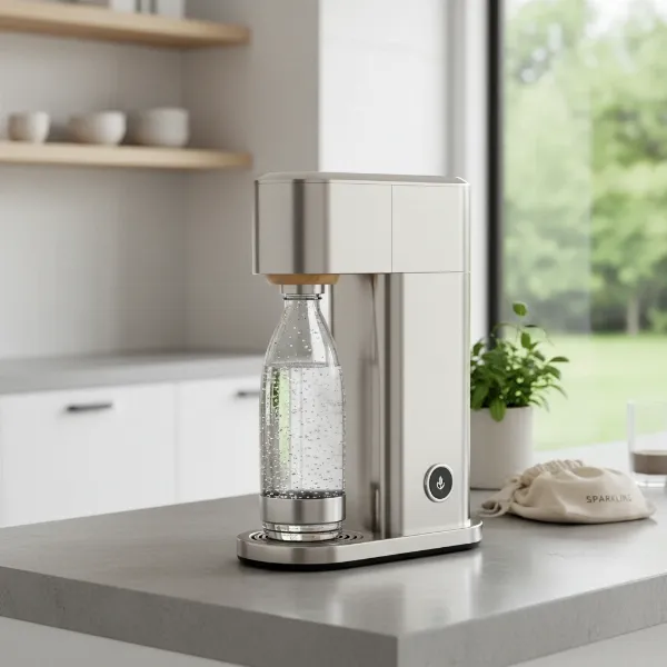 A modern soda maker with a transparent glass bottle on a kitchen counter, ready for sparkling water.