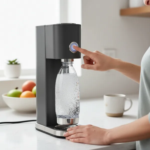 A person making sparkling water with a home soda maker in a modern kitchen