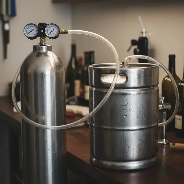 A home setup for force carbonating wine, featuring a CO2 tank, regulator, and a corny keg.