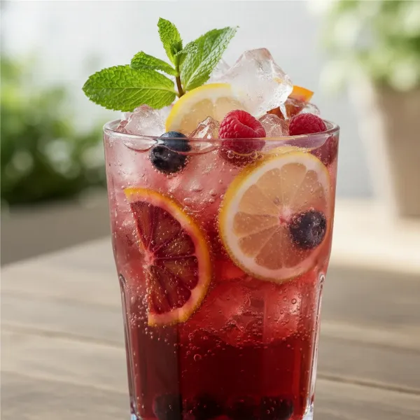 A vibrant glass of homemade sparkling fruit soda with ice and fresh fruit garnish, ready to drink.