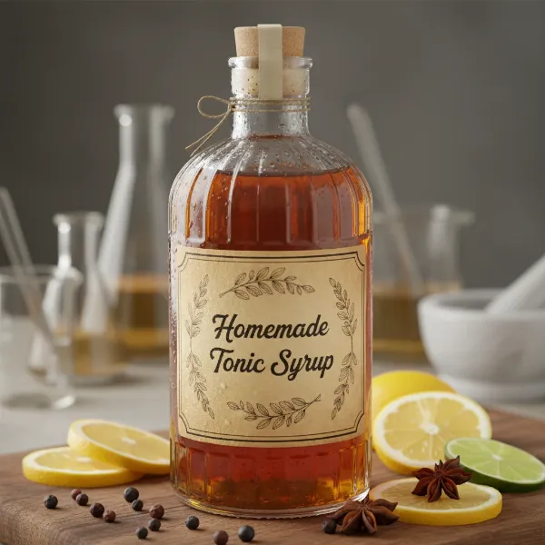 clear amber homemade tonic syrup in a glass bottle with fresh citrus slices