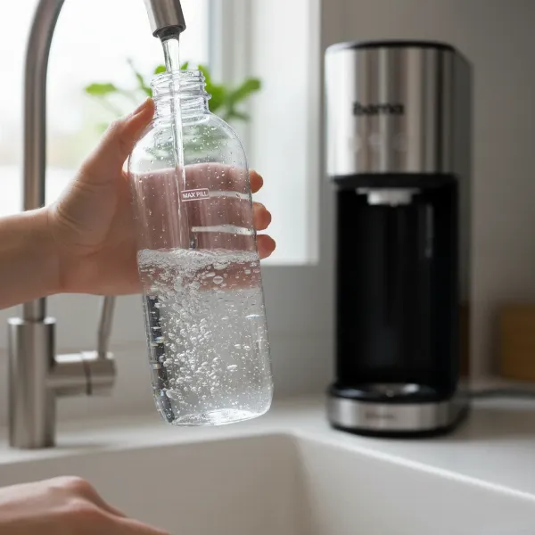 Person safely filling a reusable bottle with cold water before carbonating it with an Ibama machine.