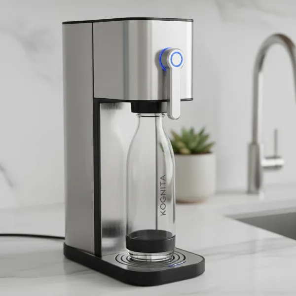 Close-up of a Kognita soda maker showcasing its premium finish and simple control mechanism.