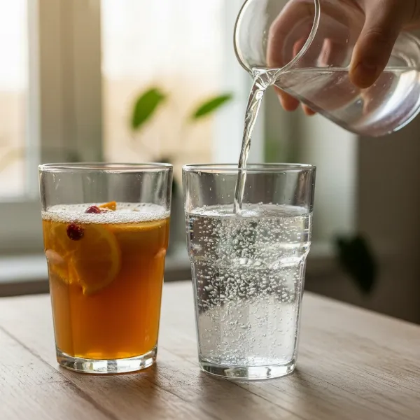 Two glasses, one with kombucha and the other with carbonated water, ready to be mixed for a sparkling drink.