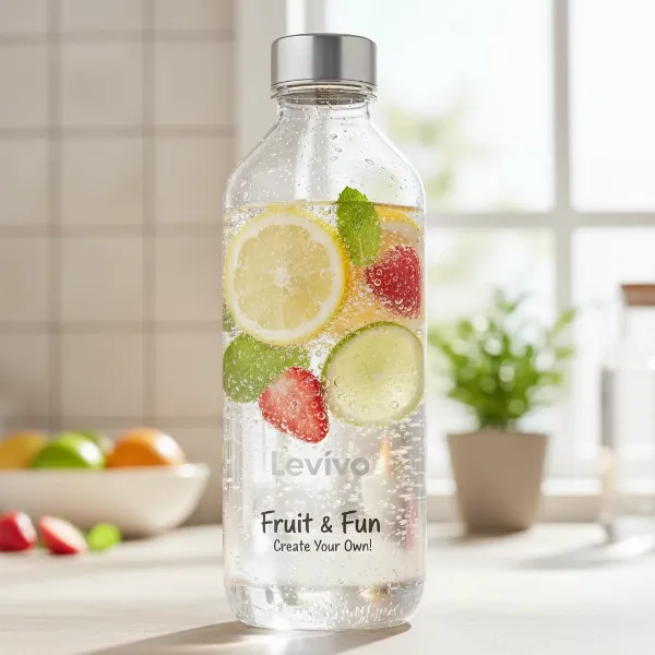 Levivo carbonating bottle with various fresh fruits for infusion like berries and citrus slices.
