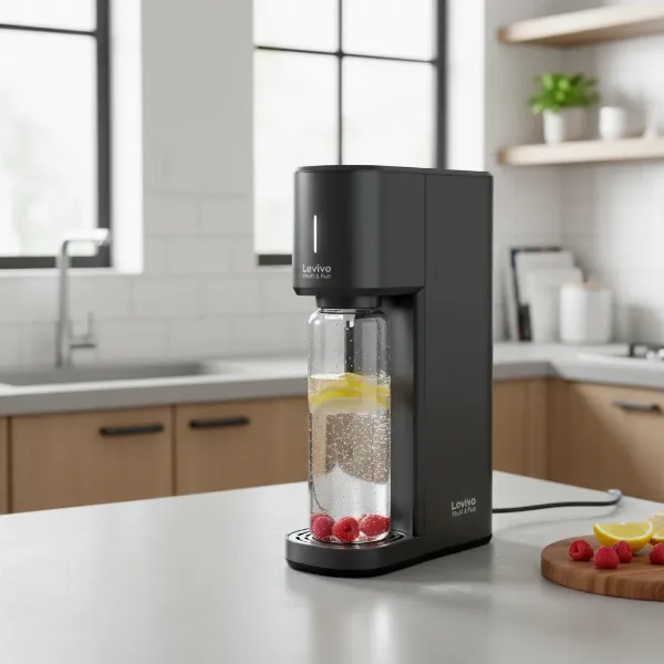 A sleek Levivo Water Carbonator Fruit & Fun on a modern kitchen counter with fruit slices.