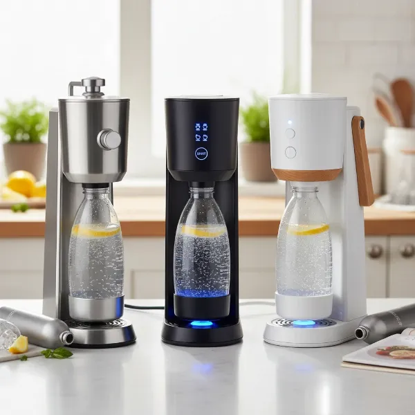 A comparison of different types of home soda makers, showing manual and electric models