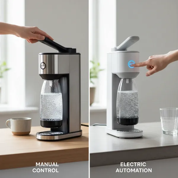 Side-by-side comparison of a manual soda maker and an electric soda maker, illustrating their operational differences.