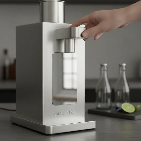Close-up of MateOfSteel soda maker, highlighting its durable metal construction and premium finish.