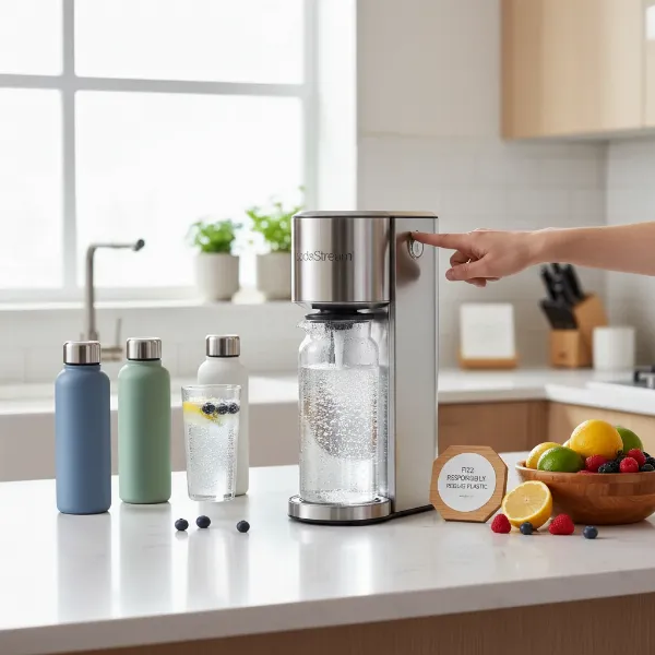 A modern SodaStream machine on a kitchen counter, surrounded by fresh fruit and sparkling water, emphasizing sustainability.