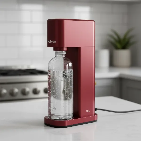 MySoda Ruby 2 sparkling water maker, showcasing its sleek Nordic design and durable aluminum body.