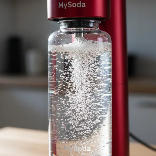 Close-up of fine, consistent bubbles forming in a MySoda Ruby 2 carbonating bottle, illustrating perfect fizz.