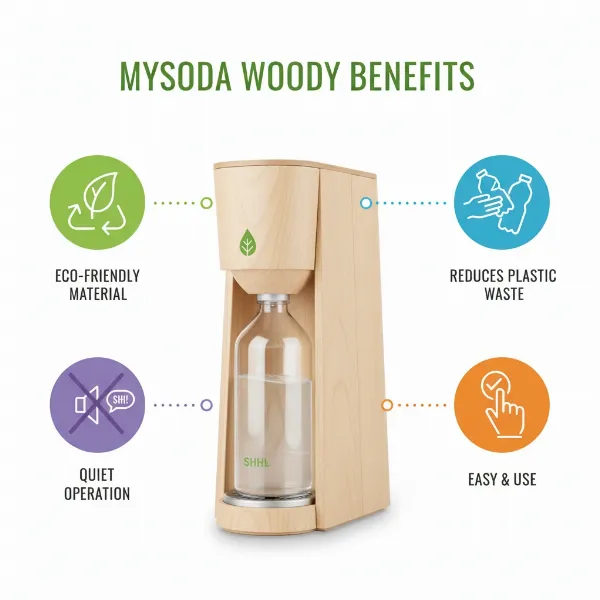 Infographic illustrating the eco-friendly features and benefits of the Mysoda Woody sparkling water maker.