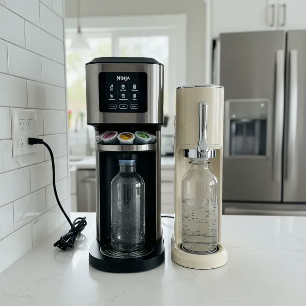 Visual comparison of Ninja Thirsti and SodaStream Art's physical size and design on a kitchen counter