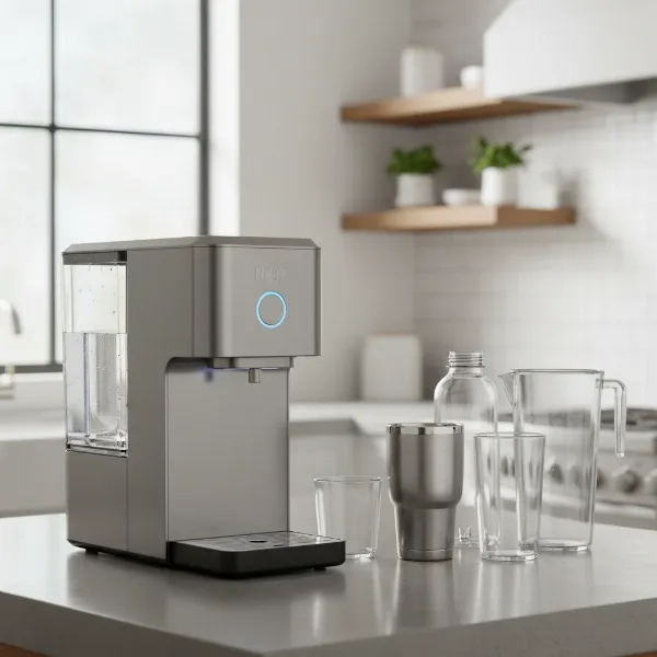 Ninja Thirsti Drink System on a kitchen counter with various drink size bottles.