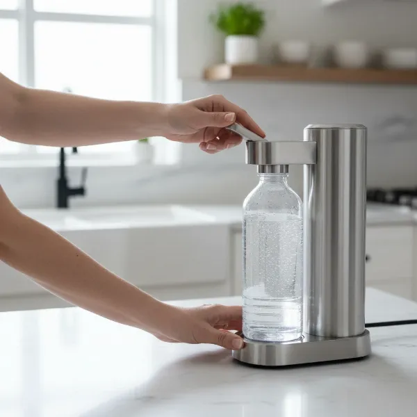 Person using the Aarke Carbonator 3, pulling the lever to carbonate water in a clear PET bottle.