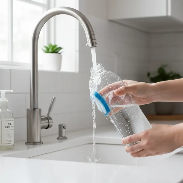 A person carefully hand-washing a Philips GoZero sparkling water bottle in a modern kitchen sink, emphasizing maintenance and care.
