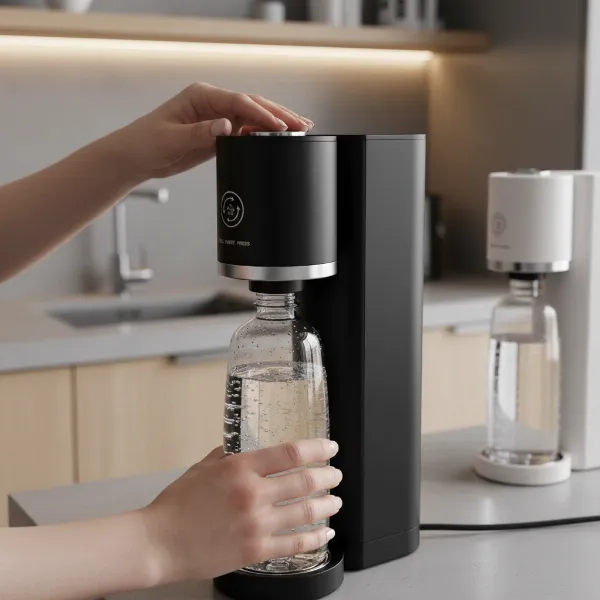 Person using a sleek Philips GoZero soda maker, highlighting its compact design and easy manual operation.