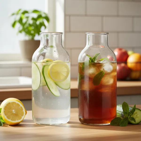 Qarbo bottles with fresh fruit slices and herbs for infusion, ready for carbonation.