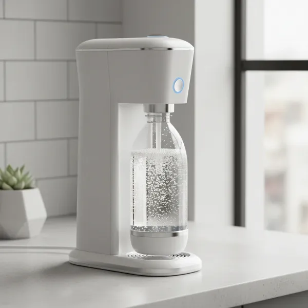 A compact, modern Redmond-style soda maker in a contemporary kitchen setting, emphasizing its budget-friendly design and ease of use.