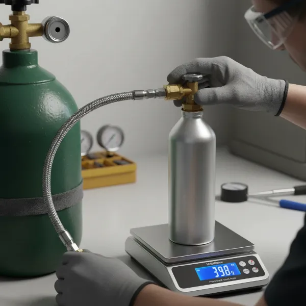 Person refilling a SodaStream CO2 cylinder, monitoring weight on a precision scale for safety.