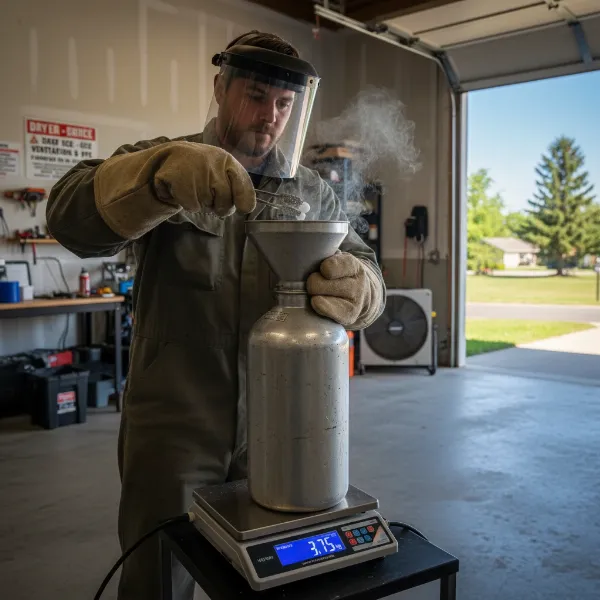 Person wearing safety gear carefully loading dry ice into a CO2 tank using a funnel and scale.