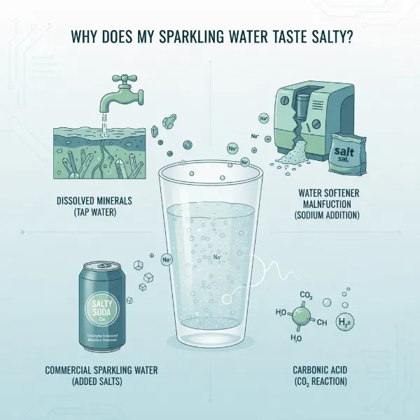 Illustration of salty sparkling water causes: minerals, softener, added salts, carbonation.