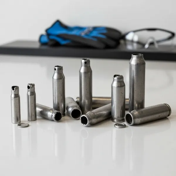 Various small CO2 cartridges for bike tires and paintball, prepared for recycling after being emptied.