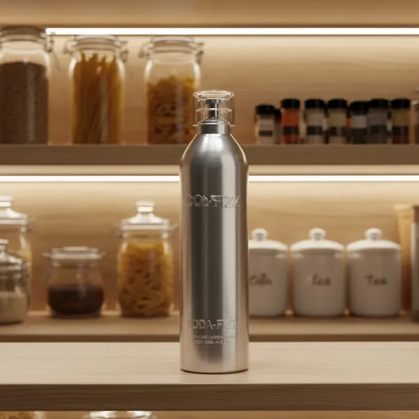 Small soda maker CO2 cylinder stored safely upright with its protective cap on, in a kitchen pantry